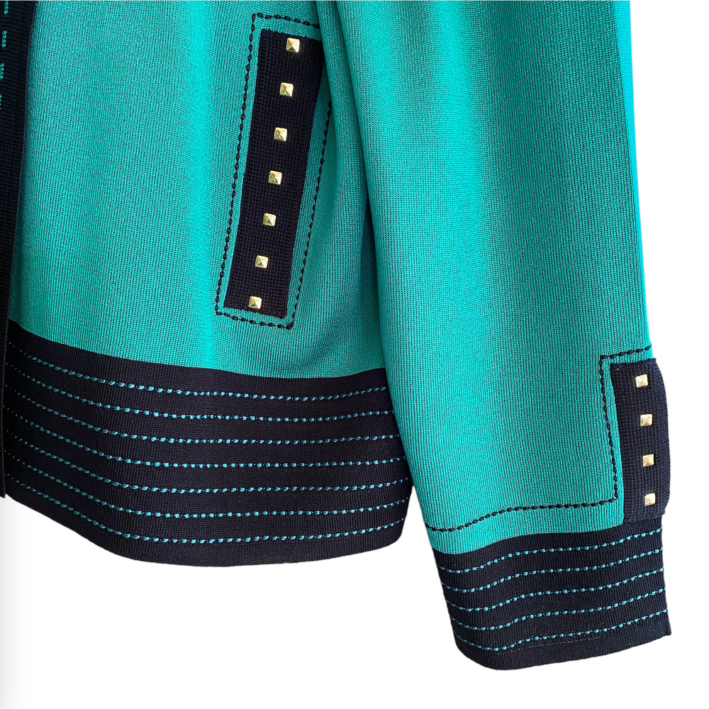 MING WANG Size L Cardigan Open Front Green Black Gold Metal Studs - Picture 4 of 9